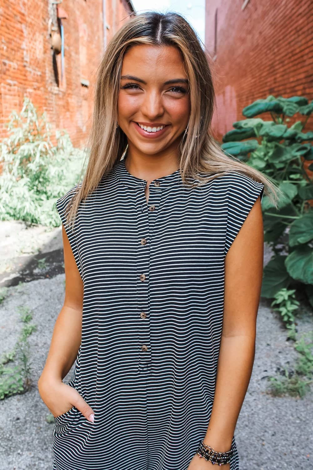 Black White Striped Print Buttoned Wide Leg Sleeveless Jumpsuit