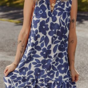 Blue Floral Sleeveless Colorblock Notched V Neck Mini Dress