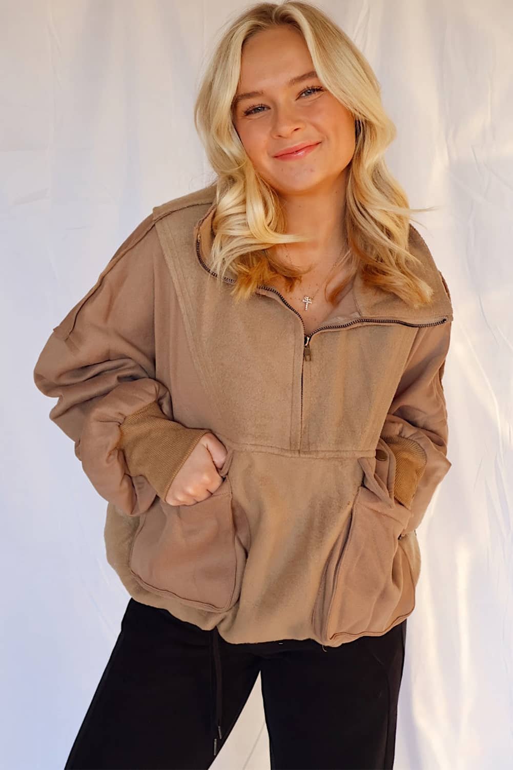 Camel Exposed Seam Side Pockets Half Zipper Baggy Sweatshirt