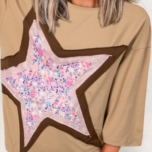 Camel Floral Star Patchwork 3/4 Long Sleeve Top