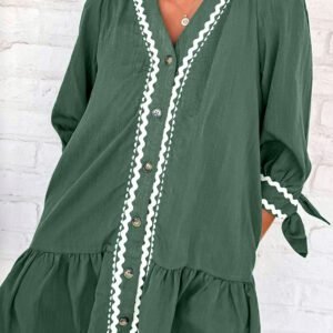 Canton Contrast Ricrac Trim Button V Neck Knotted Bracelet Sleeve Shift Dress