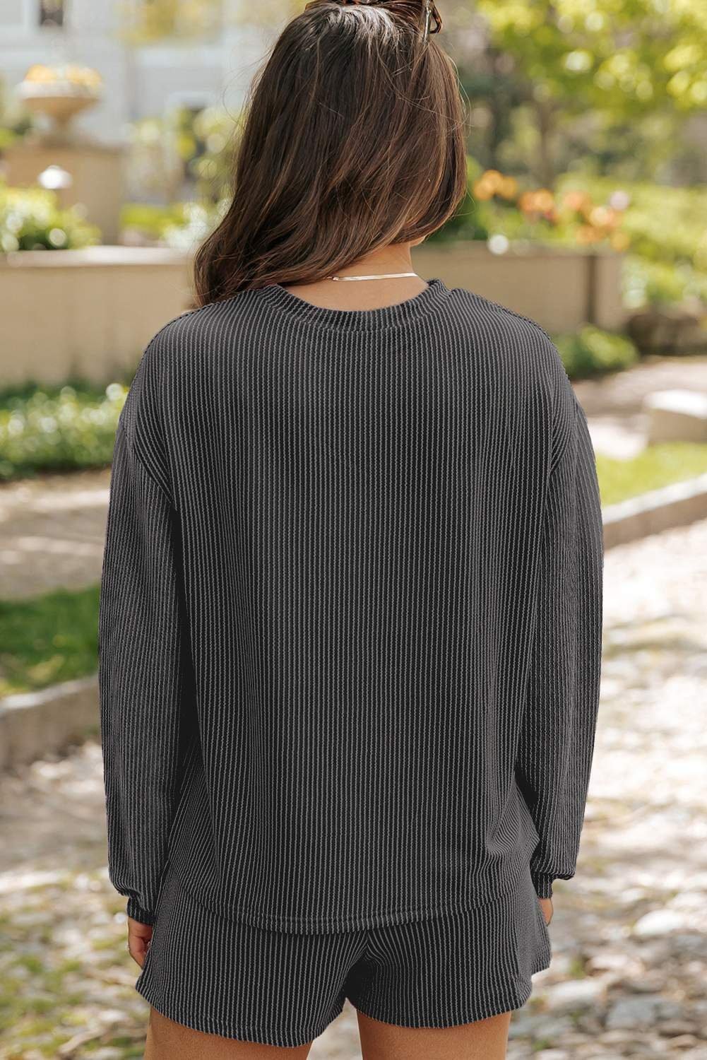 Carbon Grey Corded Knit Long Sleeve Top And High Waist Shorts Set