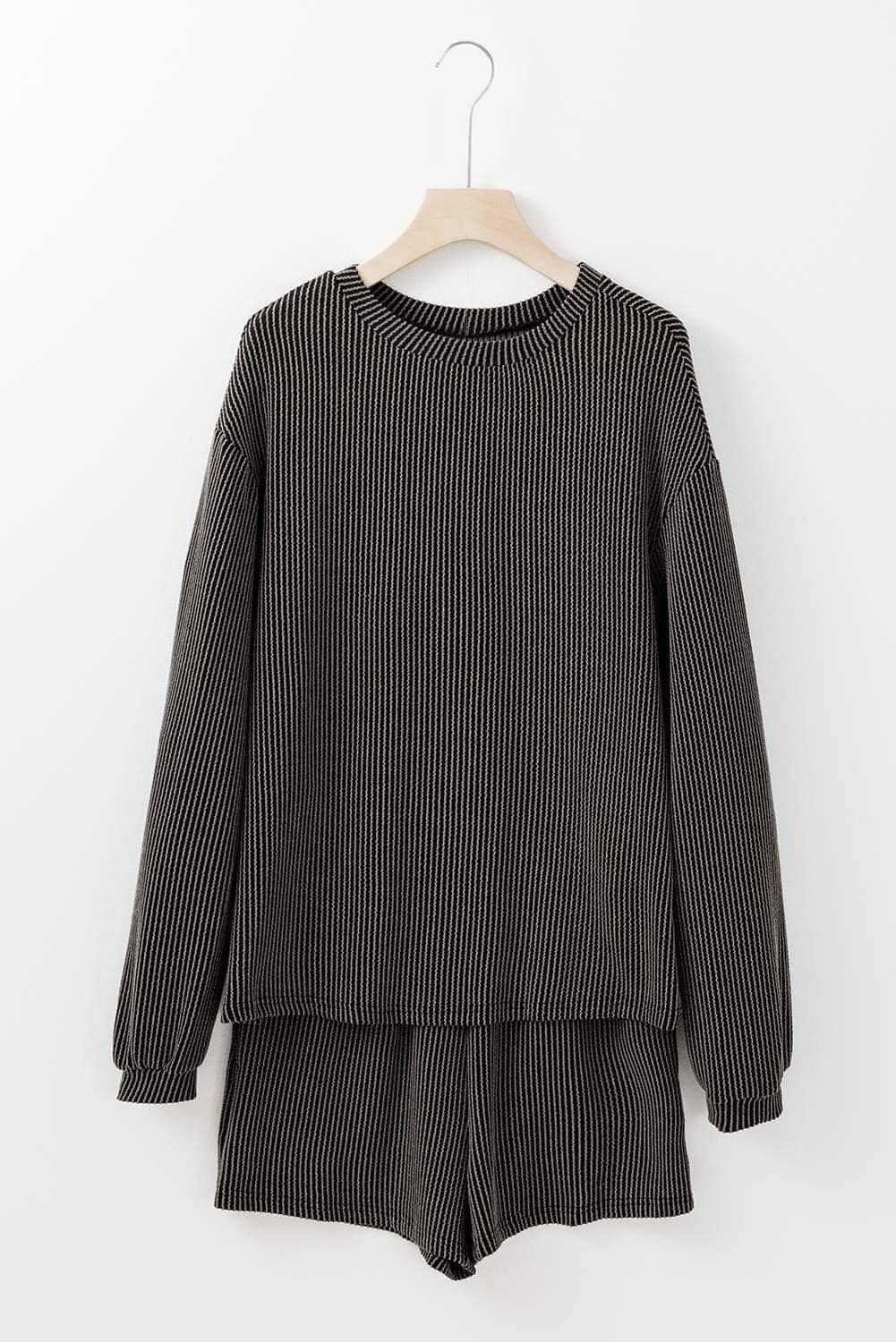 Carbon Grey Corded Knit Long Sleeve Top And High Waist Shorts Set