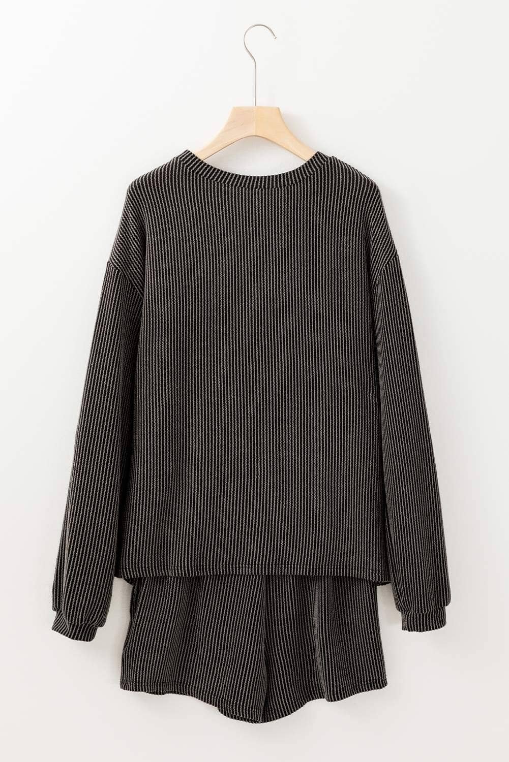 Carbon Grey Corded Knit Long Sleeve Top And High Waist Shorts Set