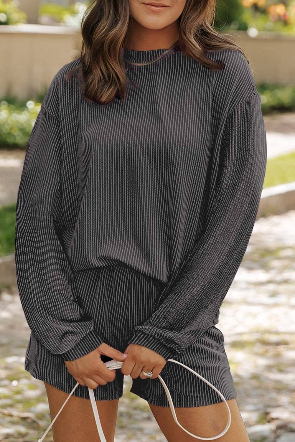 Carbon Grey Corded Knit Long Sleeve Top And High Waist Shorts Set