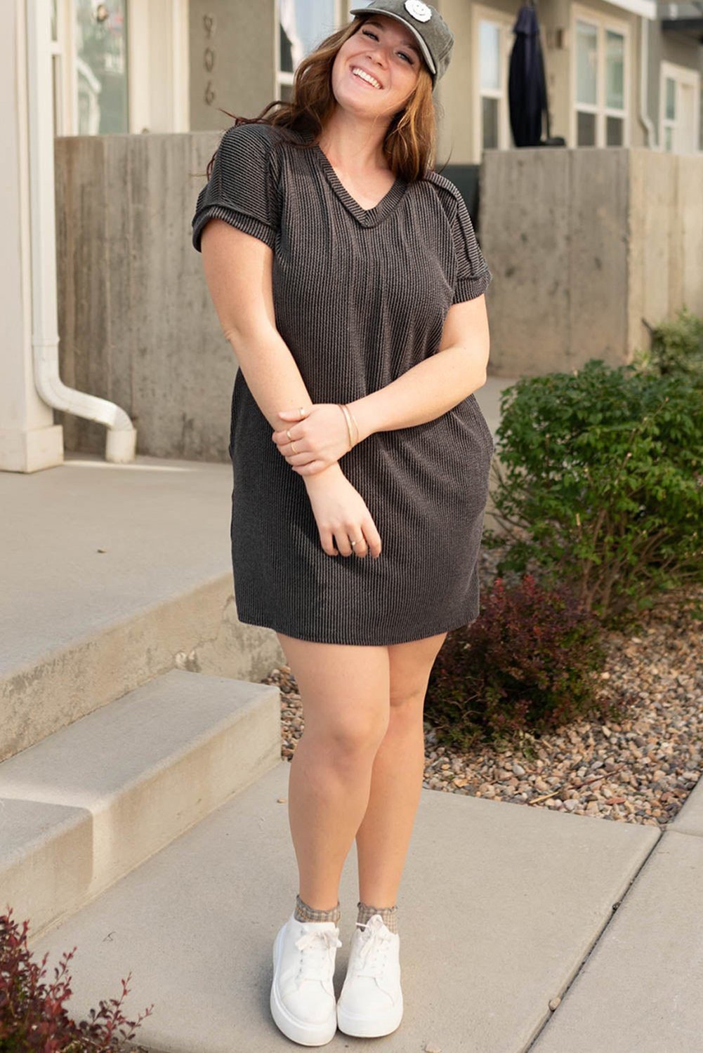 Carbon Grey Corded V Neck Plus Size T Shirt Dress With Pockets