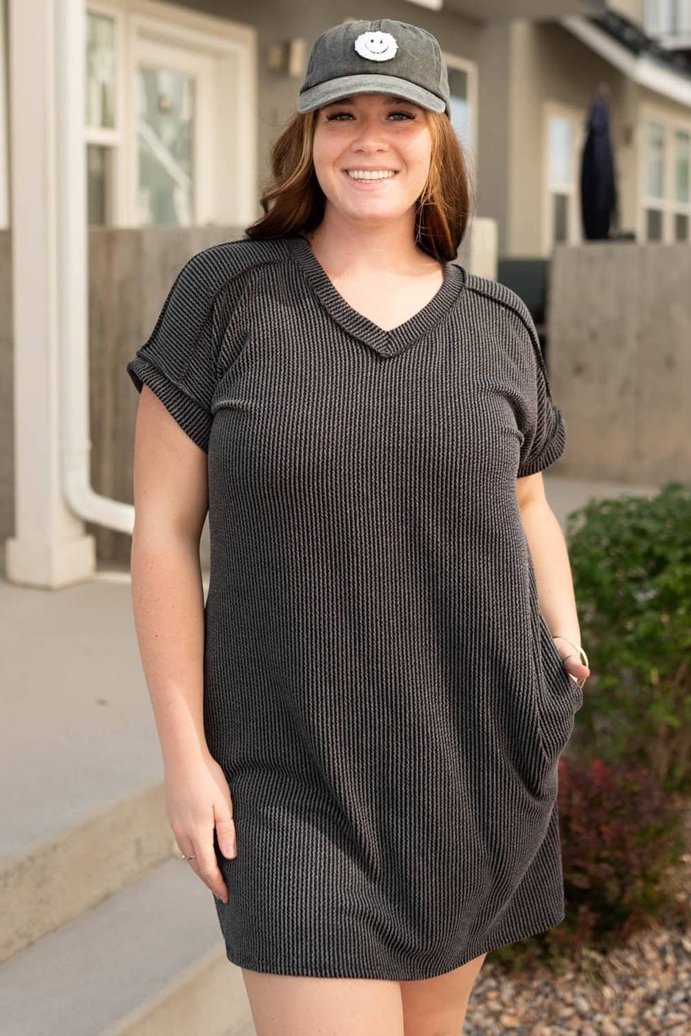 Carbon Grey Corded V Neck Plus Size T Shirt Dress With Pockets