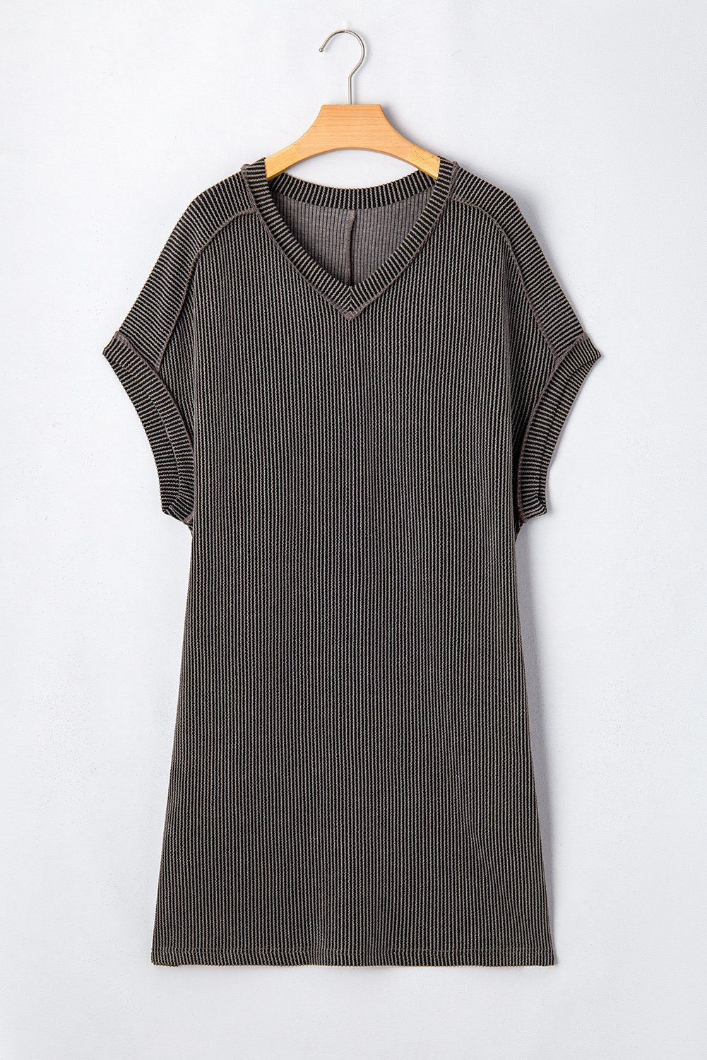 Carbon Grey Corded V Neck Plus Size T Shirt Dress With Pockets