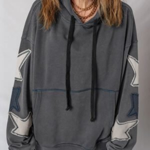 Carbon Grey Star Patchwork Contrast Stitching Mineral Wash Kangaroo Pocket Vintage Hoodie