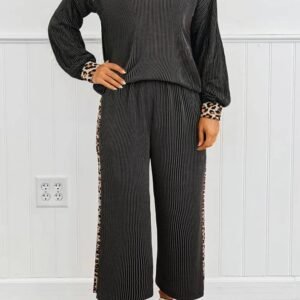Carbon Grey Twisted Rib Texture Leopard Patchwork Detail 2Pcs Pant Set