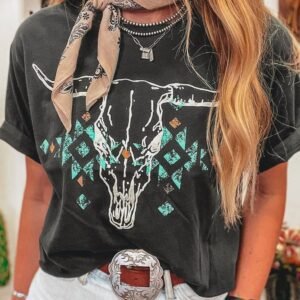Carbon Grey Vintage Western Bull Head Skull Turquoise Aztec Graphic T Shirt