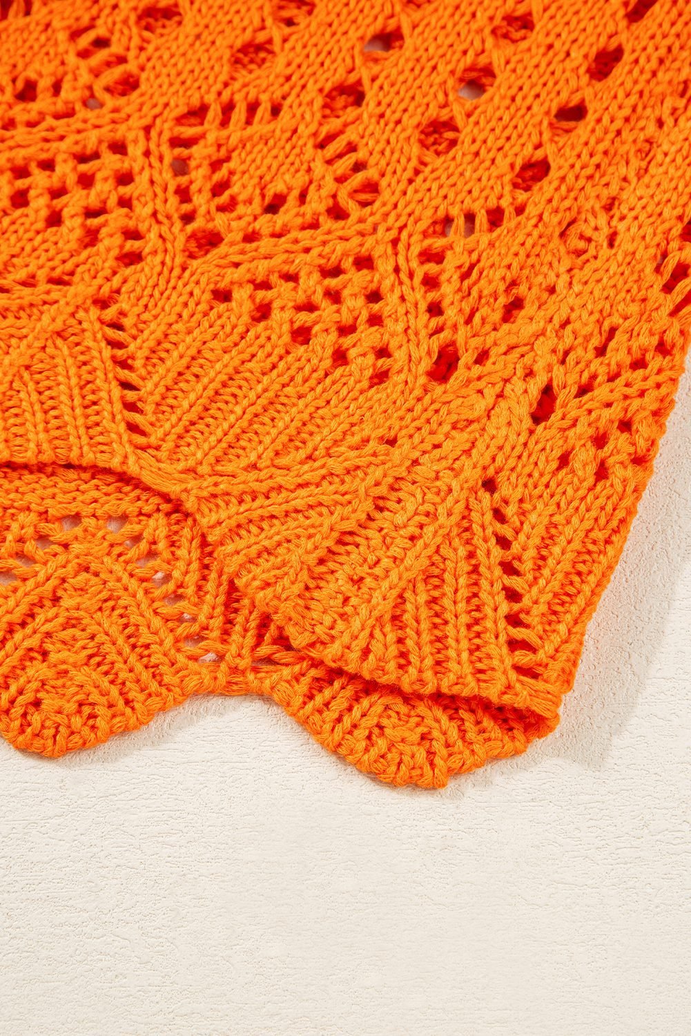 Carrot Solid Color Open Crochet Scallop Edge Sweater
