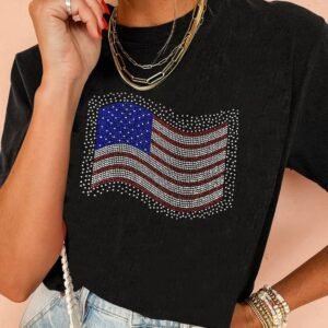 Black Rhinestone American Flag Casual Round Neck Tee