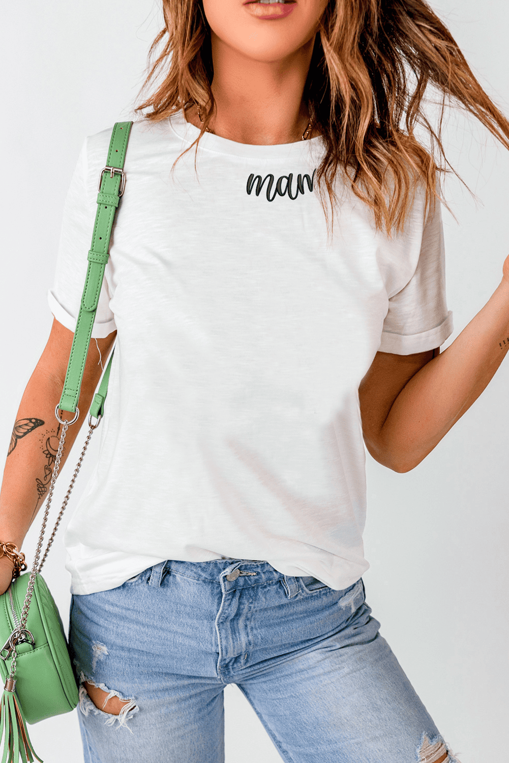 White Mama Heart Embroidered Crew Neck T Shirt