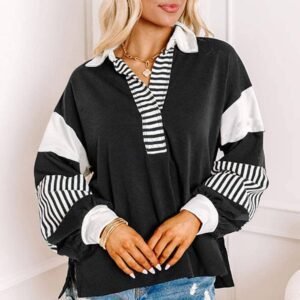Black Striped Colorblock Patchwork Collar Sweatshirt