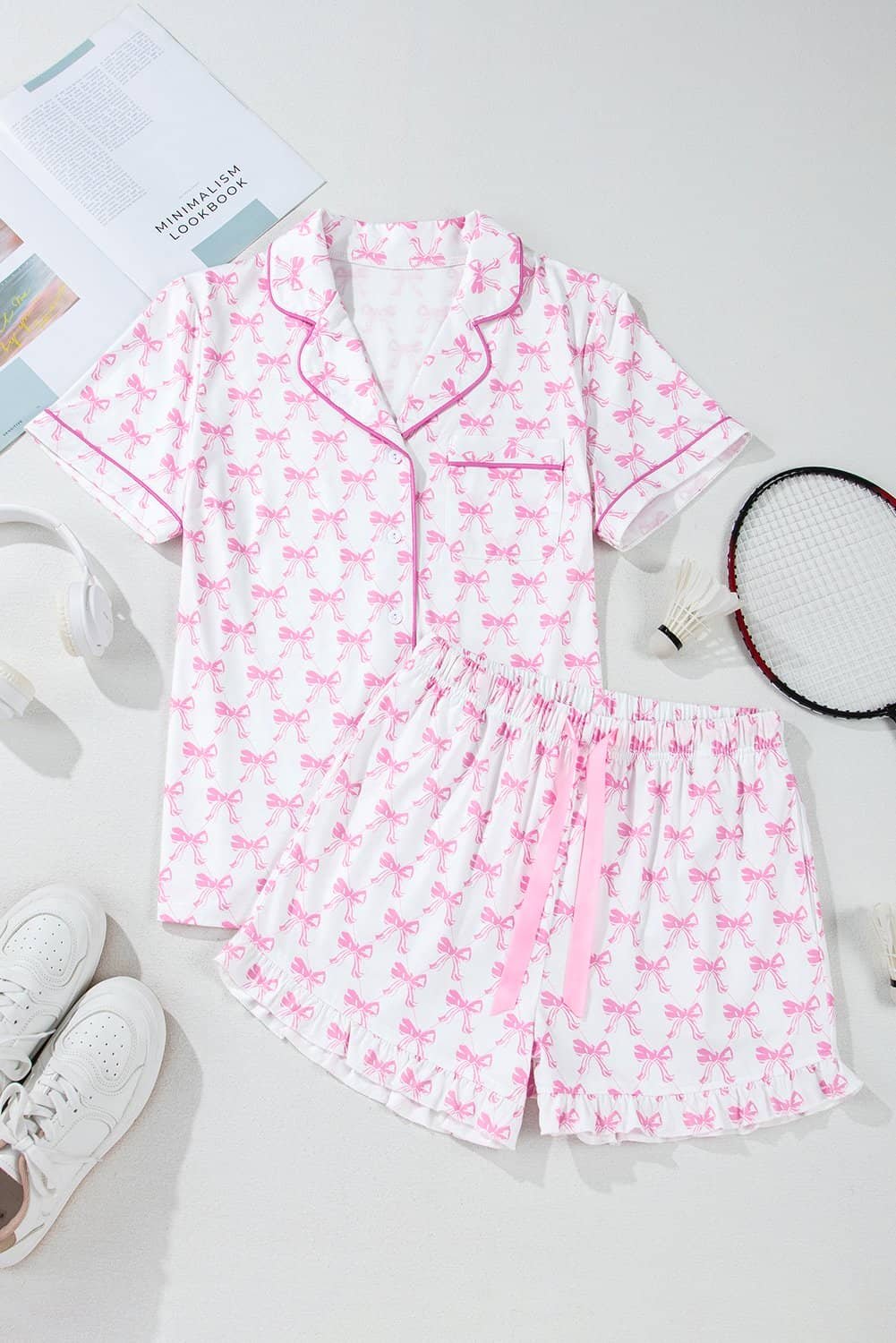 Pink Bowknot Printed Short Sleeve And Ruffled Shorts Valentines Pajama Set