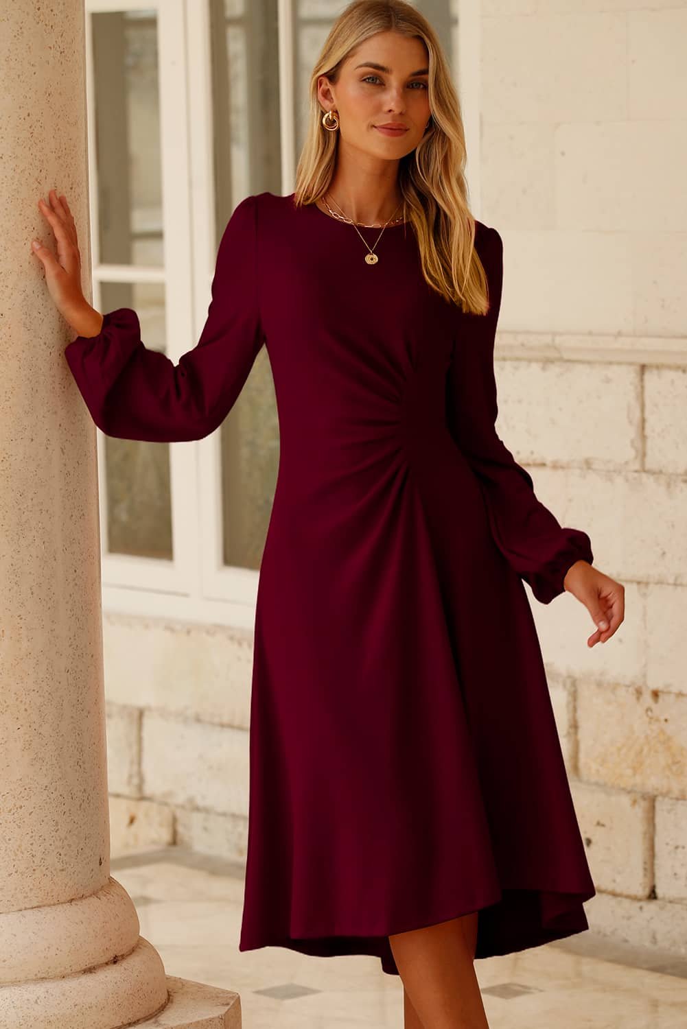 Burgundy Solid Color Ruched Detail Long Sleeve Midi Dress