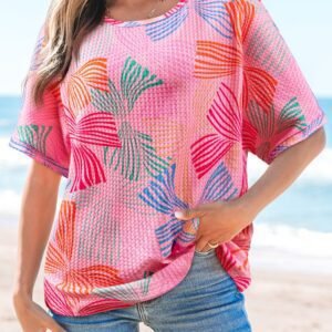 Pink Bowknot Printed Waffle Crewneck Loose Short Sleeve Top