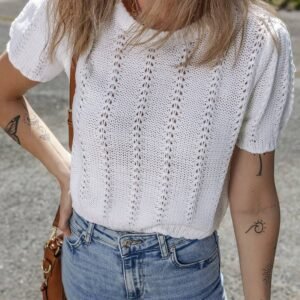 White Pointelle Knit Short Puff Sleeve Crewneck Sweater