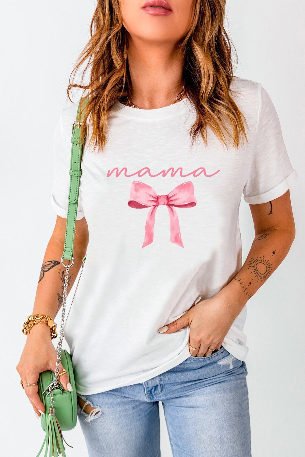 White Mama Bowknot Graphic Crewneck Tee