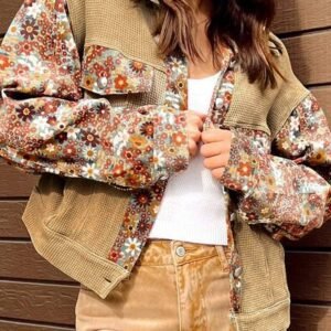 Khaki Waffle Knit Floral Print Patchwork Button Up Jacket