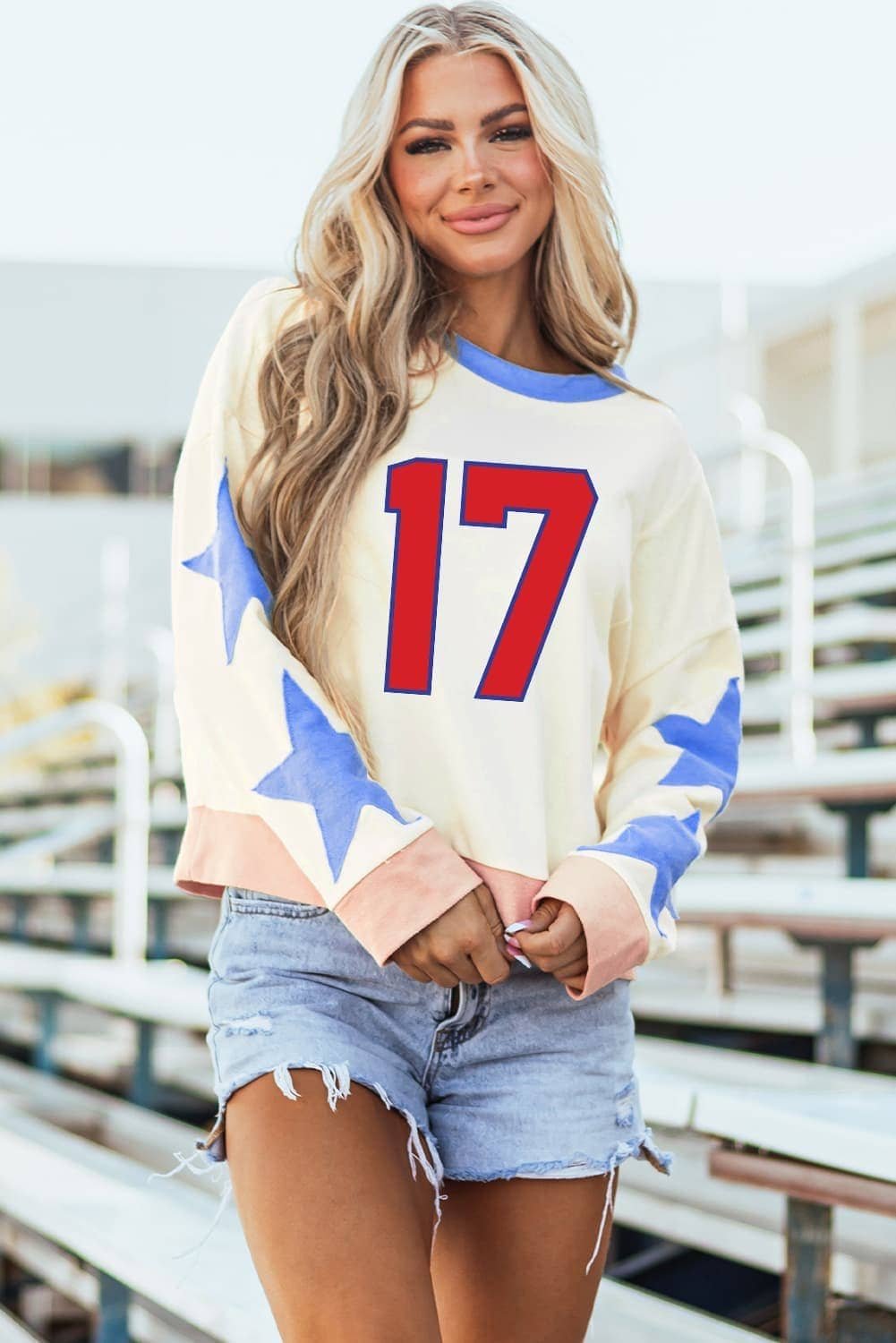 Beige Number 17 Printed Stars Patched Sleeve Cropped Sweatshirt