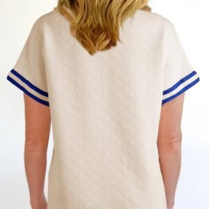 Beige Preppy Striped Trim Textured Quarter Zipper Colorblock Short Sleeve Top