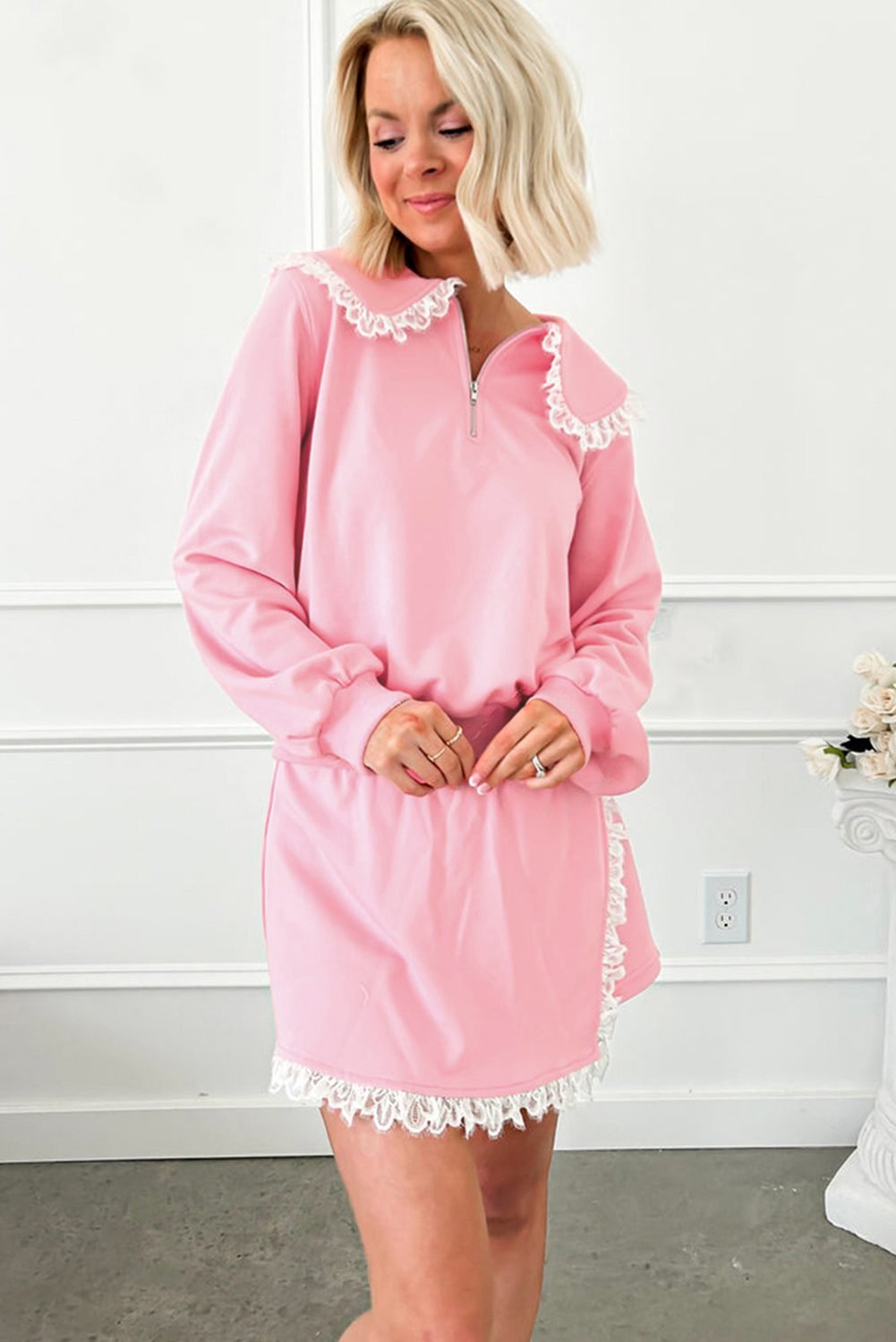 Pink Peter Pan Lace Embellished Neck Collision Sweatshirt And Skirt Two Piece Set