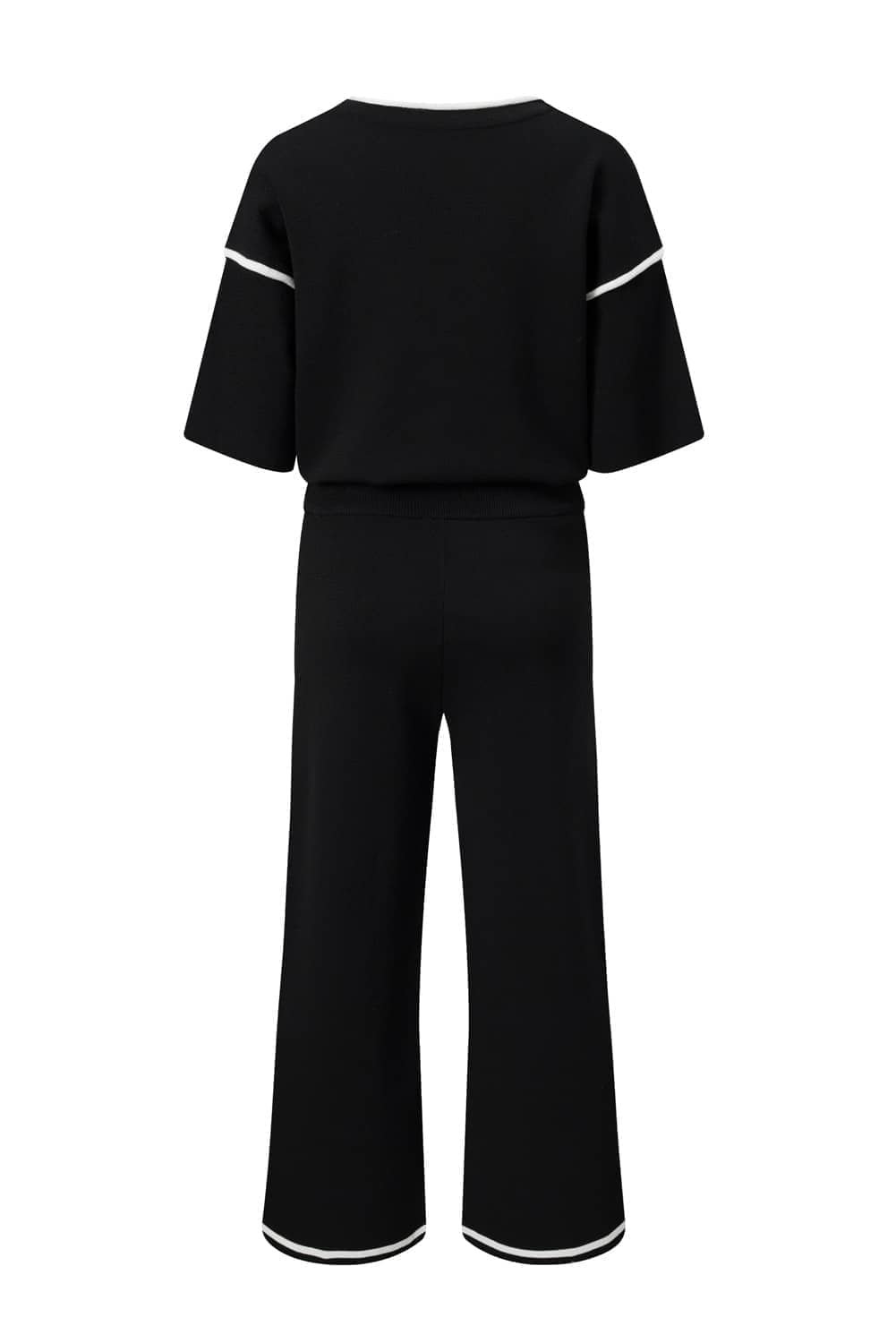 Black Contrast Trim Half Sleeve Top Drawstring Pants Loose 2Pcs Sweater Suit