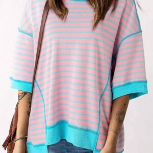 Pink Stripe Oversized Contrast Trim Exposed Seam High Low T Shirt