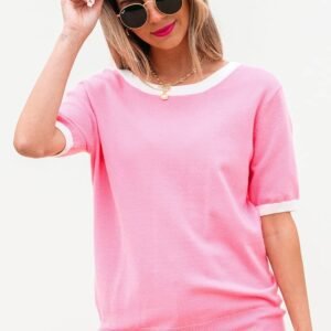 Bonbon Colorblock Bow V-Shape Cut Back Short Sleeve Sweater