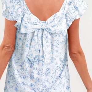 Sky Blue Floral Ruffled Short Sleeve Bow Back Square Neck Blouse