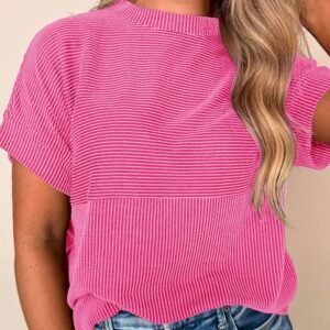 Bright Pink Plain Corded Knit Mock Neck T Shirt