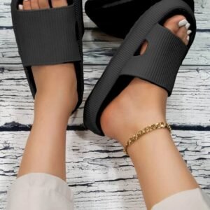 Black Hollow-Out Thick Soled Slip On Slippers