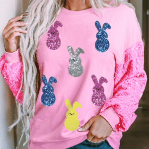 Pink Sequin Bunny Doll Contrast Long Sleeve Patchwork Top