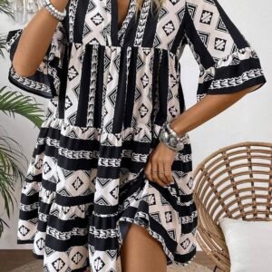 Black Geometric Print V Neck Ruffled Dress