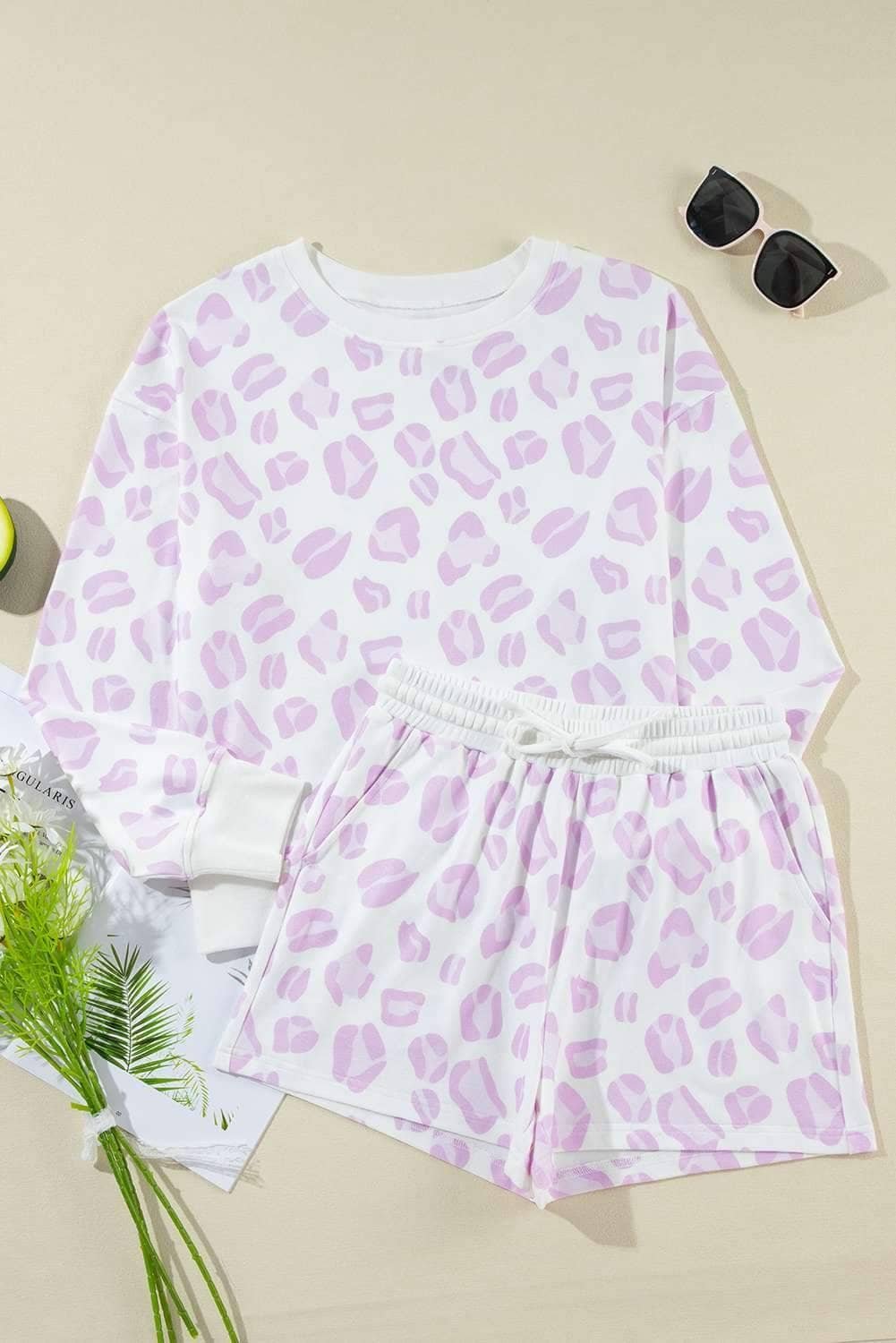 Pink Leopard Animal Print Pullover And Shorts Loungewear