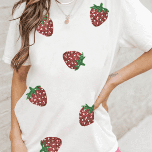 White Sequin Strawberry Patched Crew Neck T Shirt