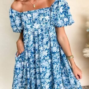 Blue Floral Puff Sleeve Babydoll Mini Dress