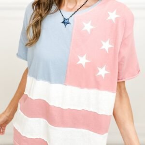 Pink Stars And Stripes Printed Crewneck Independence Day T Shirt
