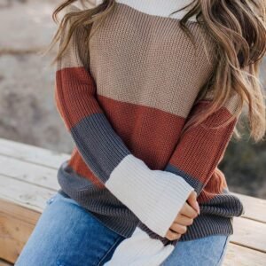 Color Block Knitted O-Neck Pullover Sweater