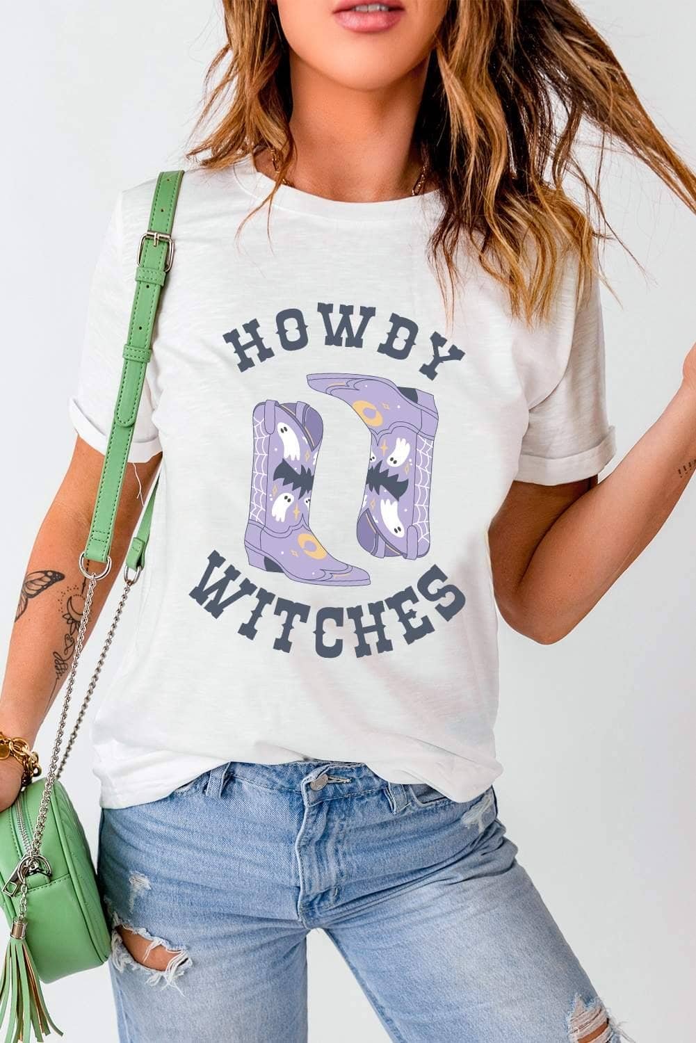 White Howdy Witches Halloween Boots Crewneck T Shirt