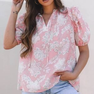 Pink Floral Print Drawstring V Neck Puff Sleeve Loose Blouse