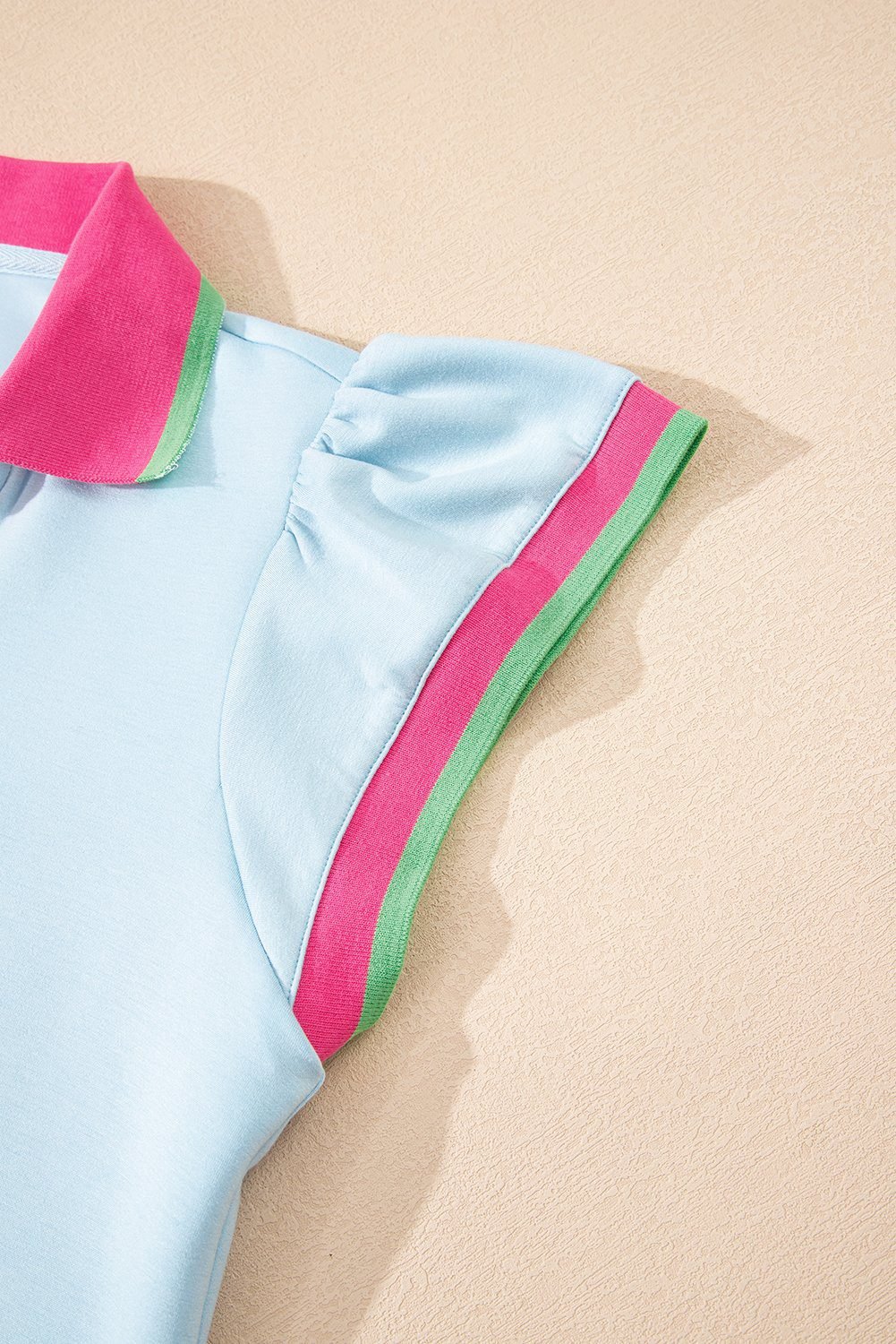 Beau Blue Color Contrast Ruffled Sleeve Collared V Neck Blouse