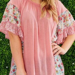 Pink Plus Size Floral Patchwork Ruffled Short Sleeve Blouse