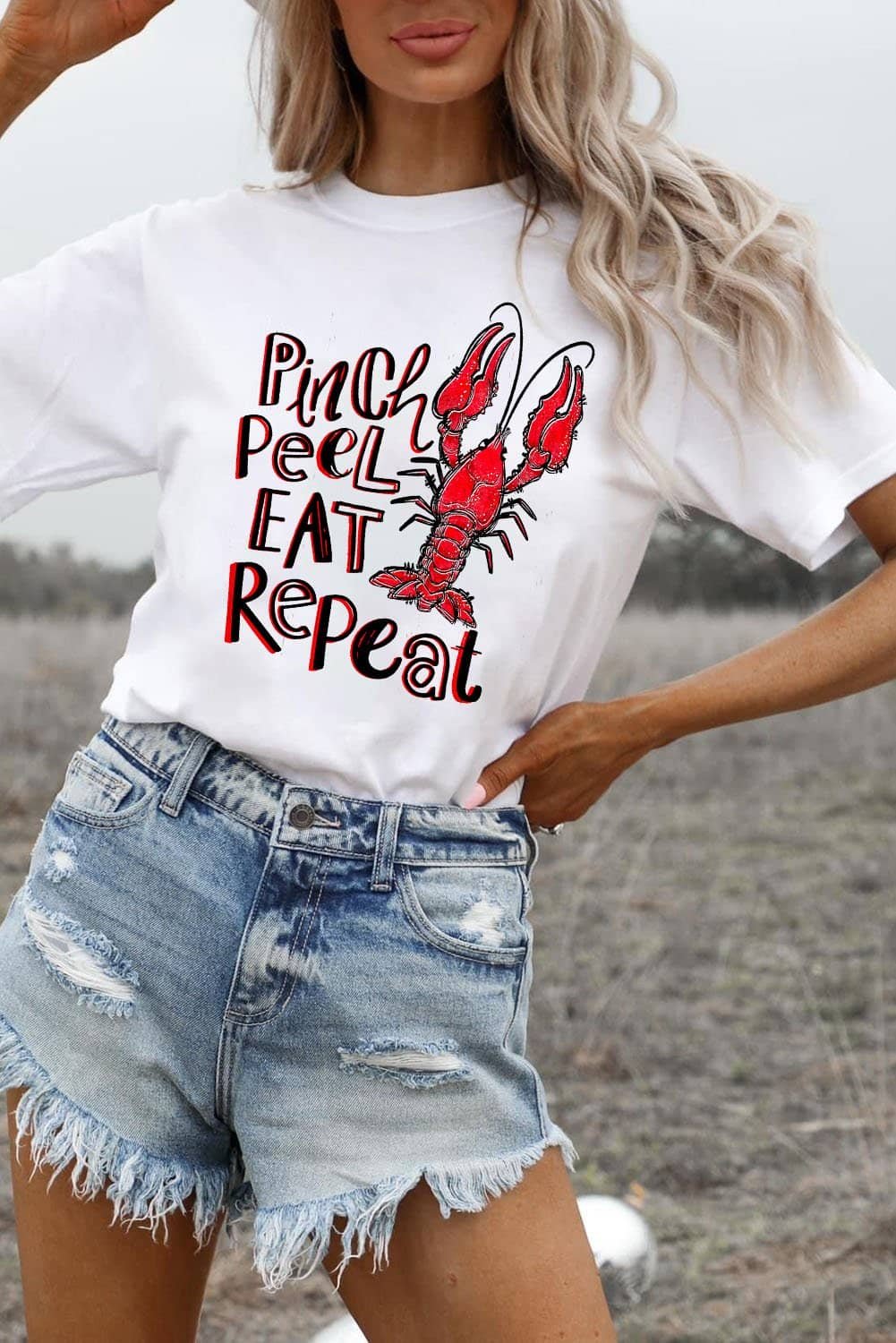 White Pinch Peel Eat Repeat Crawfish Print Crew Neck Tee