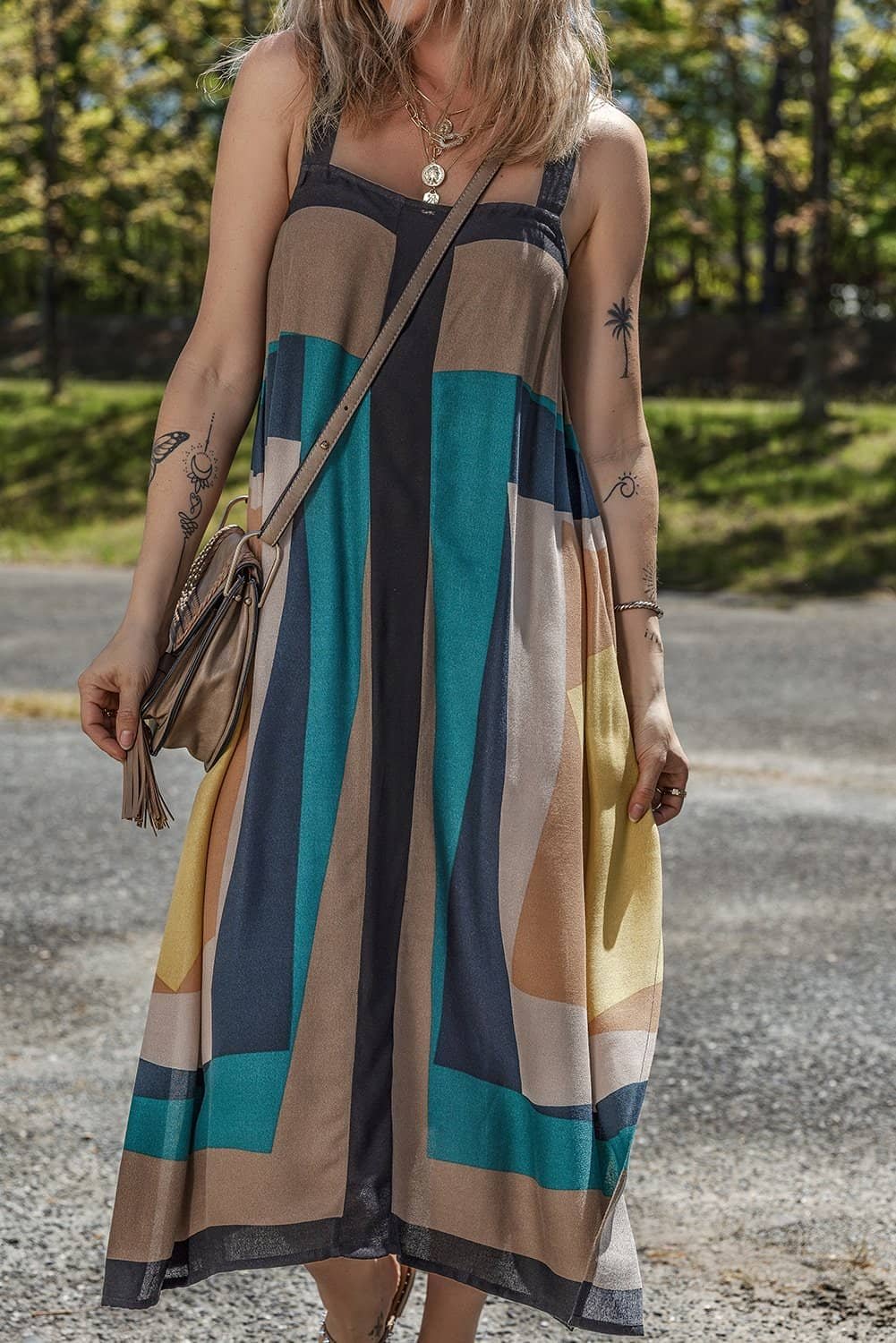 Brown Retro Geometric Printed Y Back Sleeveless Dress