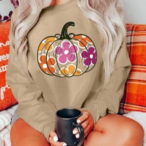 Khaki Halloween Floral Pumpkin Graphic Drop Shoulder Sweatshirt