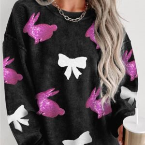 Black Sequined Bunny Bow Easter Fashion Corded Sweatshirt