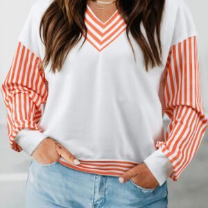 Orange Stripe  V Neck Drop Shoulder Patchwork Long Sleeve Top